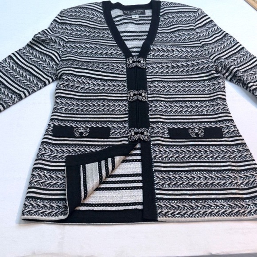 St John Evening Marie Gray Black Silver Metallic Knit Crystal Zip Cardigan 2